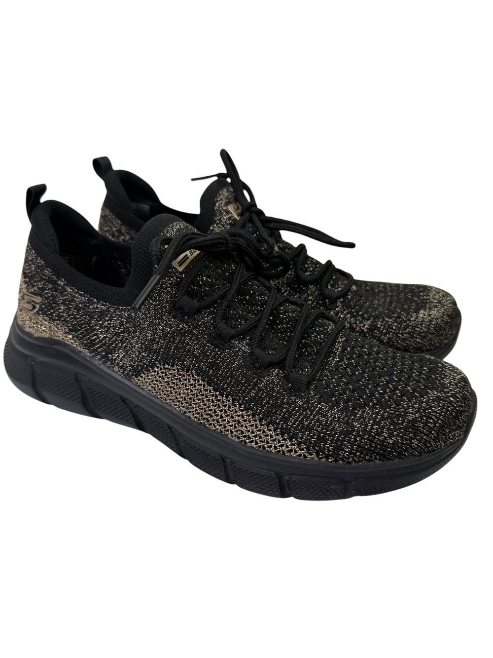 Skechers BOBS Sparks Sneakers Black Gold Shimmer Knit Upper Stretch Fit Womens 8